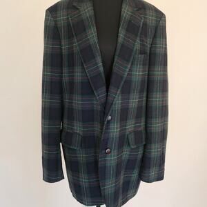 Vintage Navy and Green Plaid Wool 2 Button Blazer Holiday Inspired